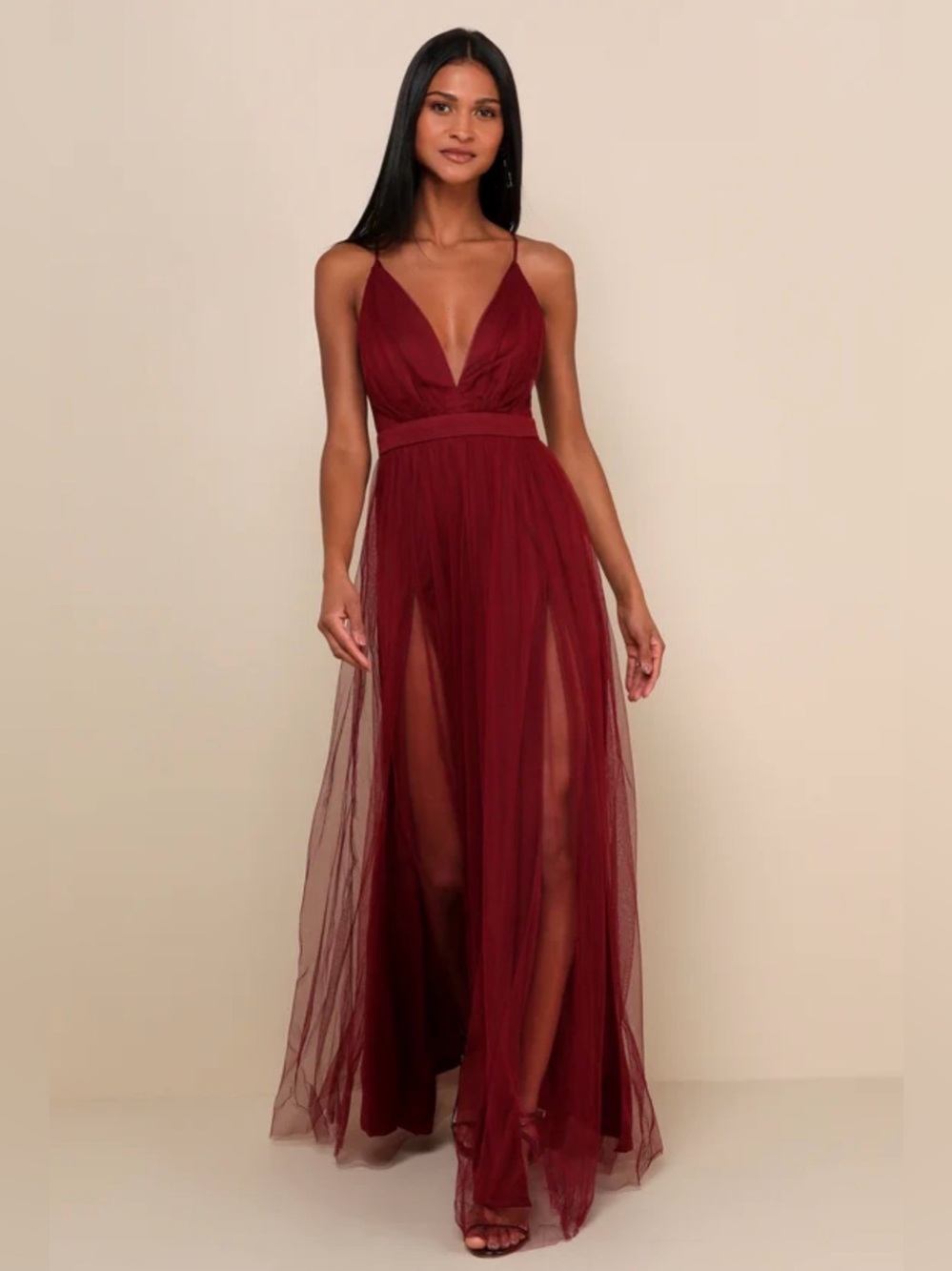 Lulu's Burgundy Plunging V-Neck Tulle Maxi Dress